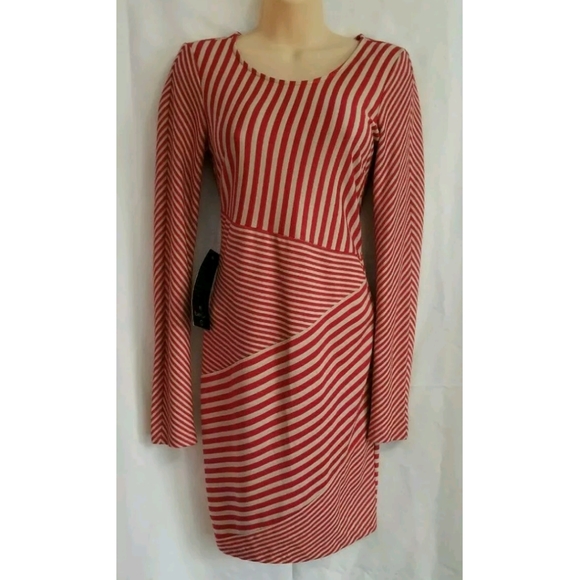 NWT Womens Bebe Sexy Red Assyemetrical Striped Pattern Stretch Dress Size Small - Picture 1 of 12